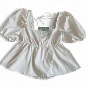 H&M White Open Back Bow Tie Square Neck Babydoll Cropped Blouse ✨